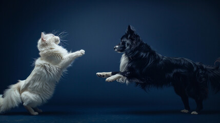 An energetic border collie and a fluffy white Persian cat engaged in a friendly interaction against a deep navy blue backdrop.