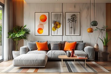 Modern Creative Living Room Interior A Beautiful Backdrop of a Sofa with Decorative Photo Frames and Full Wall Background