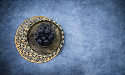 Iftar party and Ramadan Mubarak greeting banner image, Flatly image of dates with crescent moon