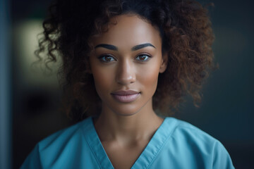 Serene medical professional with curly hair in blue scrubs, exuding calmness and confidence in a darkened room.