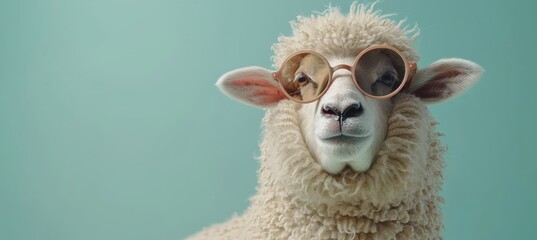 Fototapeta premium Playful sheep in sunglasses on pastel background, with ample space for text placement.