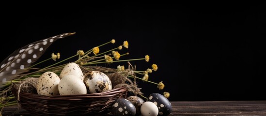Rustic Basket Overflowing with Fresh Spring Eggs and Colorful Blooming Flowers