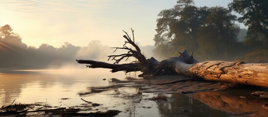 Serenity of Nature: Lone Dead Tree Standing Tall in Rippling Water - obrazy, fototapety, plakaty