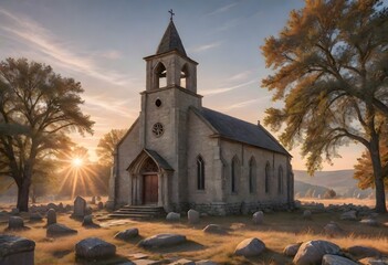 Newly Built Church in Enchanted Forest with Soft Sunlight, Showcasing Peaceful Feel, Generative AI - obrazy, fototapety, plakaty