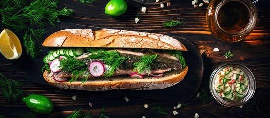 Delicious Meat Sandwich with Onions and Pickles on Rustic Wooden Table