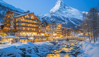Snow covered alpine village at late evening with stream running through the scenic winter landscape