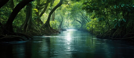 Tranquil River Flowing Through Enchanting Forest Wilderness with Lush Greenery