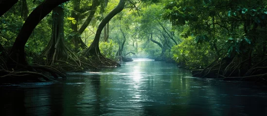 Photo sur Plexiglas Rivière forestière Tranquil River Flowing Through Enchanting Forest Wilderness with Lush Greenery