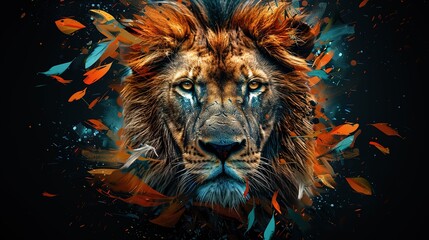  Lion's Pride: Portrait Enhanced with Color Paint and Feathers on Black Background, a Work of Generative Art
