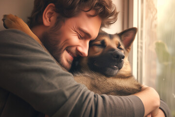 smiling man petting his dog with his arms around his neck and hugs