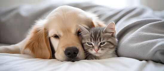 Harmonious Friendship: Domestic Cat and Dog Cuddling Together Peacefully on a Cozy Bed