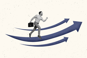 Creative photo picture collage young running man self development determination career salary rise reach goal achieve target