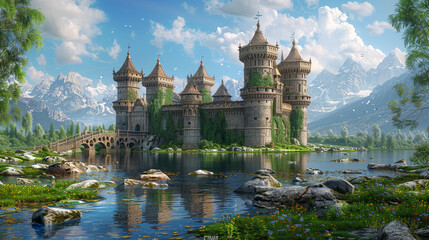 A castle with a moat, a drawbridge, and a tower. - obrazy, fototapety, plakaty