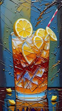 Vertical footage of a summer cocktail ice tea glass with slice of lemon and a straw in thick impasto technique in bold vibrant colors on blue textured background.