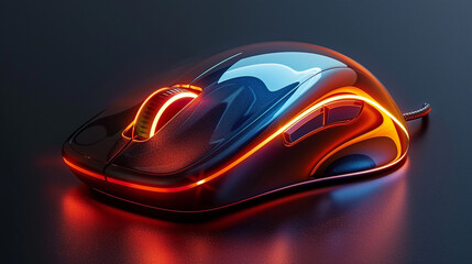 A modern wireless computer mouse, its glossy surface catching the light against a dark backdrop....