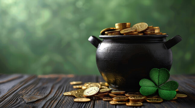 St. Patrick's Day card design with leprechaun pot filled with gold. Patricks Day design. AI generated