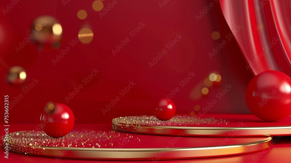 Wall mural Red product display podium with golden curve line and 3d ball elements with bokeh decoration and glitter light effect