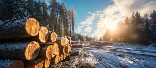 Logs were stacked on the forest edge after trees were cut for industrial processing in sanitary...