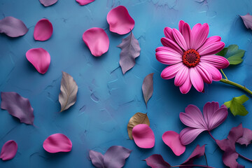 a flower in the style of pink and purple, with petals, stems and leaves, sitting on a blue background, romantic feeling, lovecore, valentineâ€™s day inspired, use of fresh materials, floral, soft focu - obrazy, fototapety, plakaty