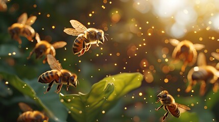 Pollen Gathering: Bees in the Apiary, an Artistic Creation by Generative AI - obrazy, fototapety, plakaty