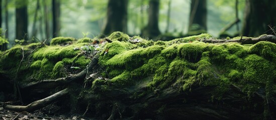 Enchanted Forest: Serene Moss Covered Tree Trunk in Lush Woodland Setting