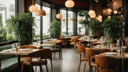 A modern restaurant with unique wood furniture and plant