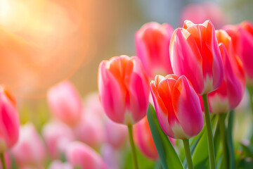Beautiful Spring Nature background with tulip Flowers, selective focus. Vivid colors. Neural network generated in January 2024. Not based on any actual scene or pattern.