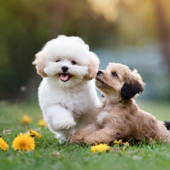 강아지 몰티즈와 푸들이 잔디 위에서 서로 장난치는 모습입니다. 