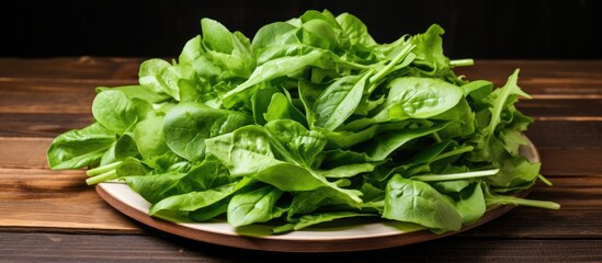 Sustainable Fresh Green Leafy Vegetables on Rustic Plate - Organic Farm Harvest Concept