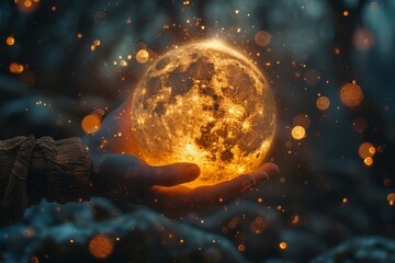 Magic glowing ball in hand, selective focus