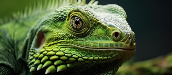 Vibrant Close-Up of a Green Lizard's Intricate Scaled Head in Natural Habitat