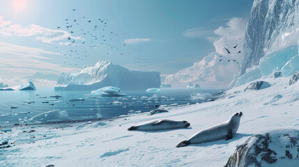 Arctic seals basking on a snowy beach, with icebergs floating in the background.