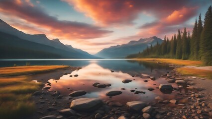 Sunset over the mountain lake, beautiful landscape photo, nature in the evening