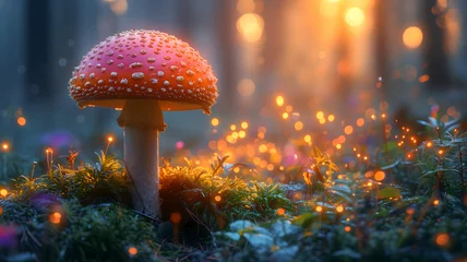Zelfklevend Fotobehang Magical mushroom in fantasy enchanted fairy tale forest. Neural network generated in January 2024. Not based on any actual scene or pattern. © lucky pics