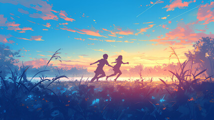 Obraz na płótnie Canvas anime boy and girl running from behind lighting