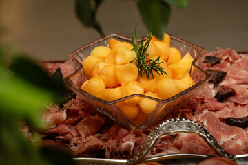 salad, parma ham and melon, party buffet, buffet, self service, fit snack, thanksgiving day,...