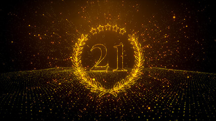 Abstract Golden Shiny Number 21 Laurel Wreath Label Dotted Lines Wireframe Particle Space With Wavy Dots Floor Pattern