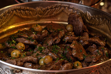 fillet in Madeira sauce with potatoes, bowl with meat, bowl of fillet, stew in a bowl, silver bowls, thanksgiving day, thanksgiving, thanksgiving meal, haute cuisine	