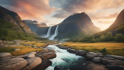Poster Mountain landscape with waterfall and river, outdoor evening photo © KatBaid