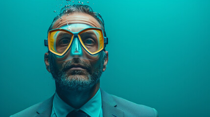 a business man with a snorkel and a swimsuit on solid color background - obrazy, fototapety, plakaty