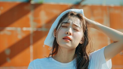 Stressed asian woman drying sweat with a cloth in a warm summer day