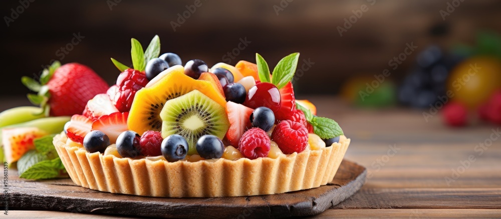 Canvas Prints Exquisite Fruit Tart Garnished with Colorful Fresh Fruits and Vibrant Mint Leaves