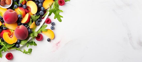 Fototapeta na wymiar Abundant Variety of Fresh Fruits Arranged on a Bright White Table for Vibrant Display