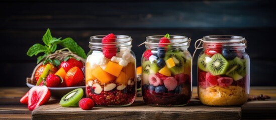Colorful Preserved Fruits and Jams Displayed in Glass Jars on Rustic Table