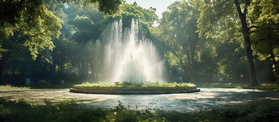 Tranquil Fountain Oasis: Relaxing Park Scenery with Lush Trees and Inviting Bench