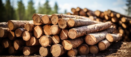 Naklejka premium Rustic Stack of Timber Logs Represents Sustainable Logging Industry and Eco-conscious Wood Management
