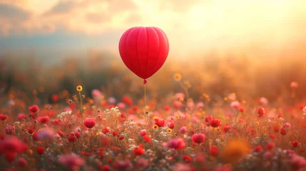 Rolgordijnen Beautiful balloon with flower field of red poppies © PrettyStock
