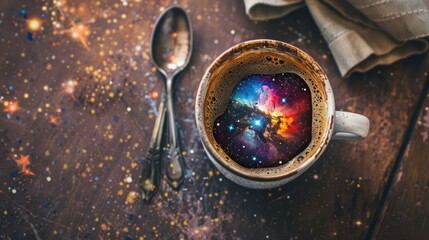 Stunning visual of a galaxy pattern swirling in a coffee cup, situated on a wooden table