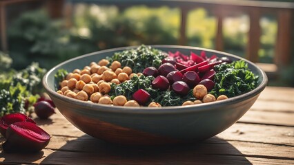 Vegan meal bowl with chickpeas, kale, and beets. Healthy vegetarian food, fresh salad photo