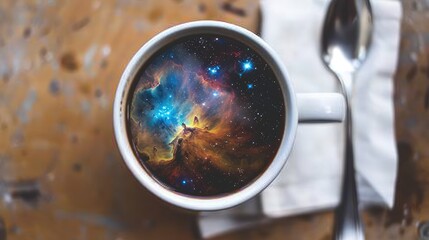 A rustic cup of coffee displaying a breathtaking nebula on a shabby-chic background
